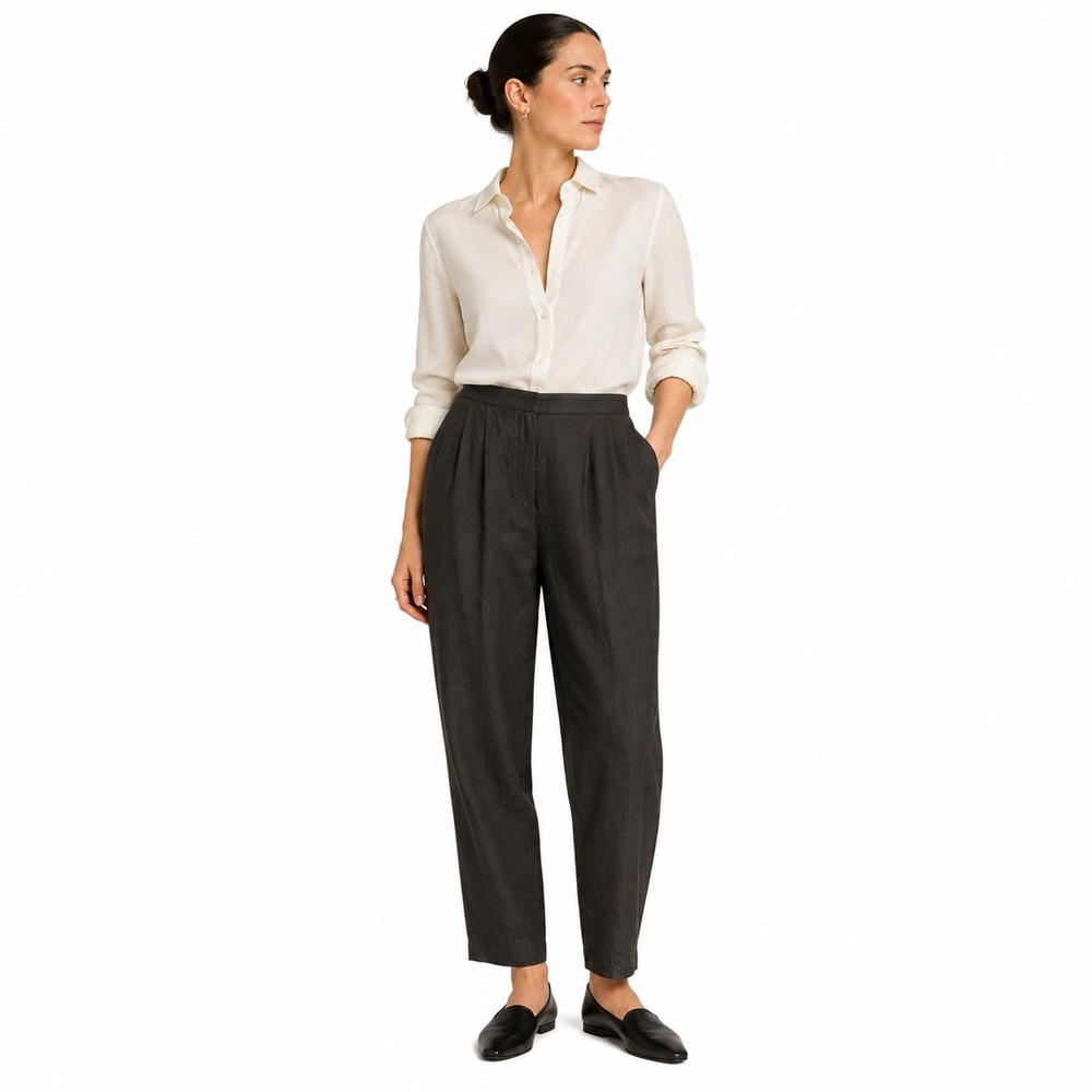 VTG Smooth Studio Linen Tapered Pants XS Black Pleated Minimalist Quiet Luxury